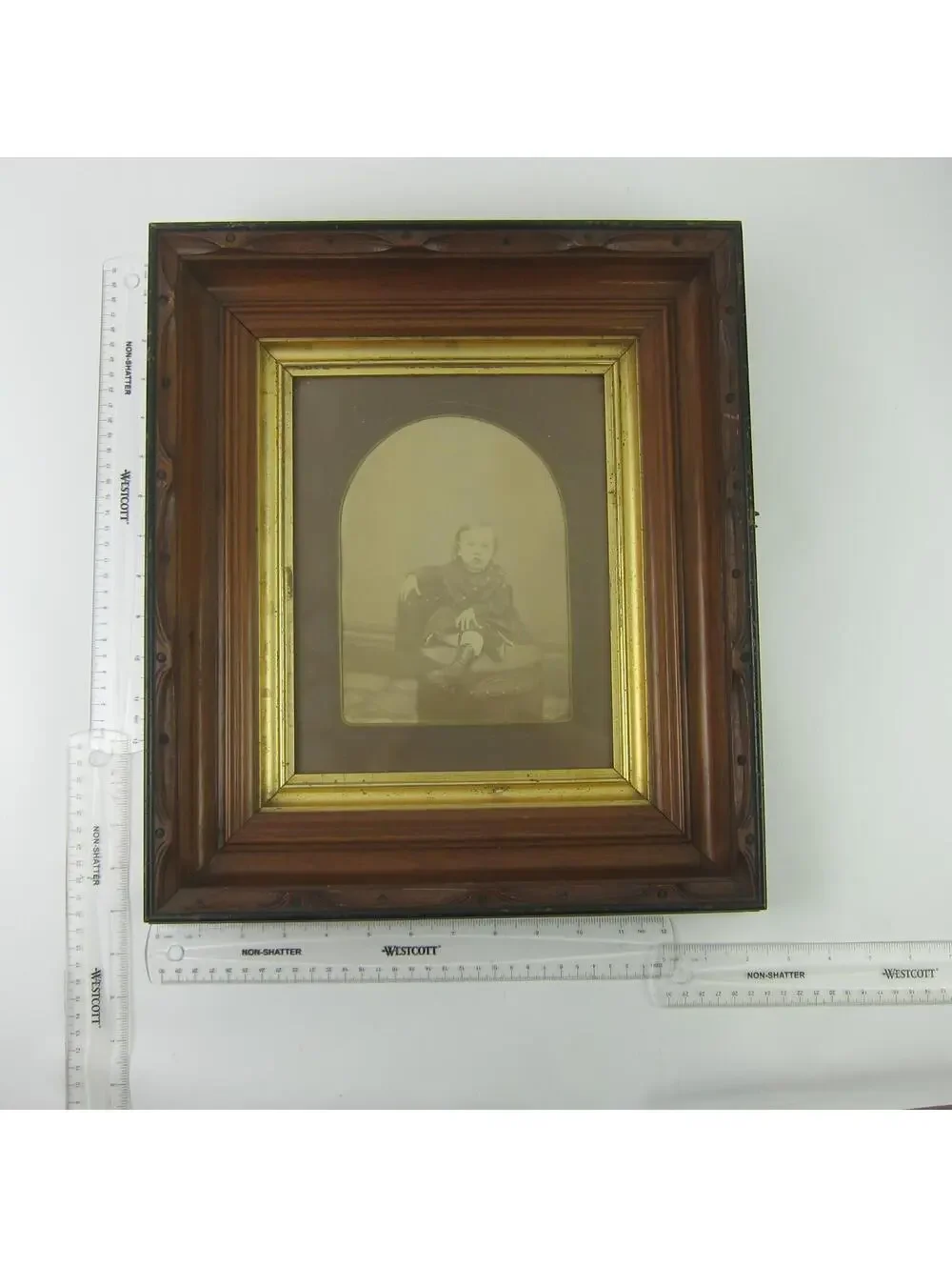 Antique Victorian Deep Picture Frame Carved Wood Gold Gilt Child Photo Glass 16